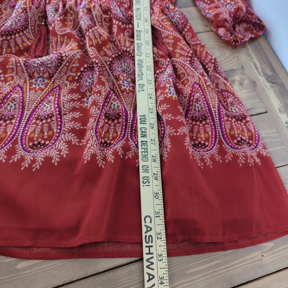 Rust Orange Red Floral Paisley Boho Tassel Short Dress - Picture 12 of 14